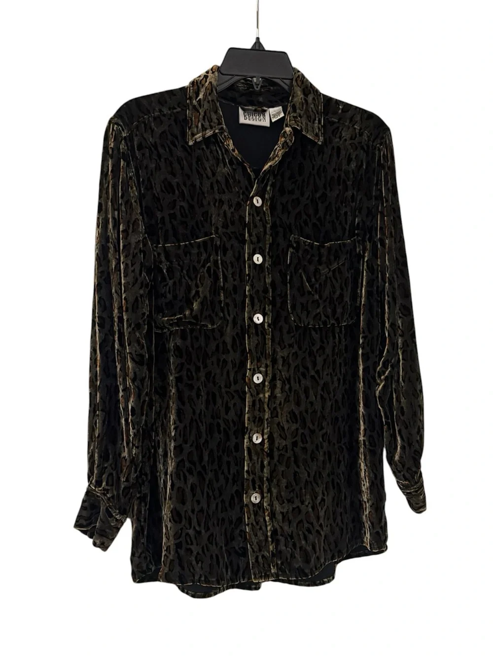 CHICO’S Olive and Black Leopard Print Faux Velvet Button Down Blouse - Picture 1 of 12